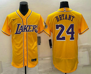 Men%27s Los Angeles Lakers #24 Kobe Bryant Yellow Cool Base Stitched Baseball Jersey